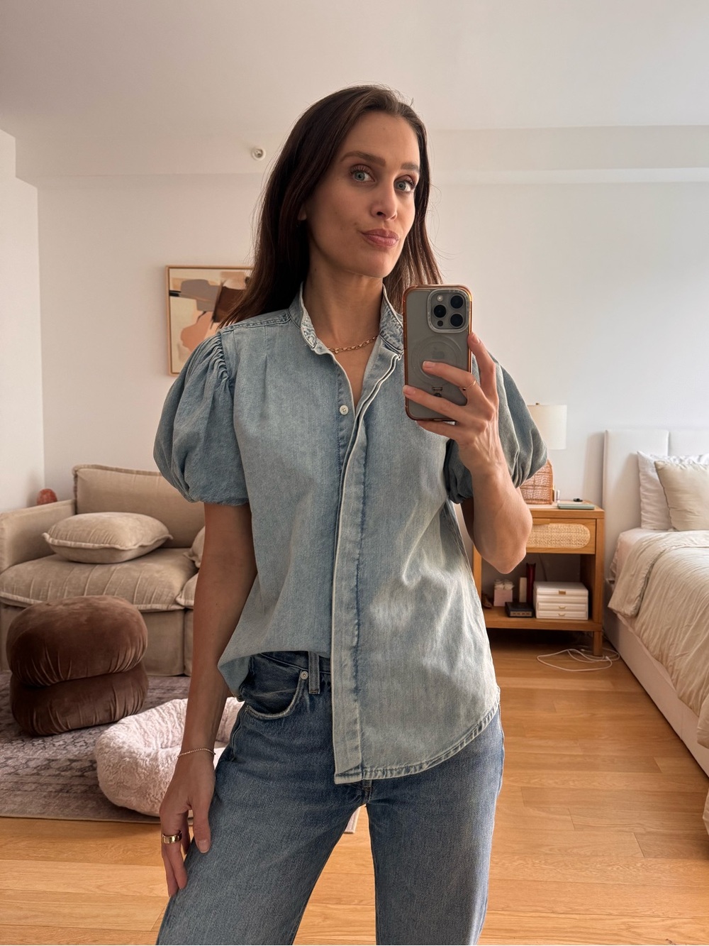 Frame Denim Light Wash Puff Sleeve Denim Shirt